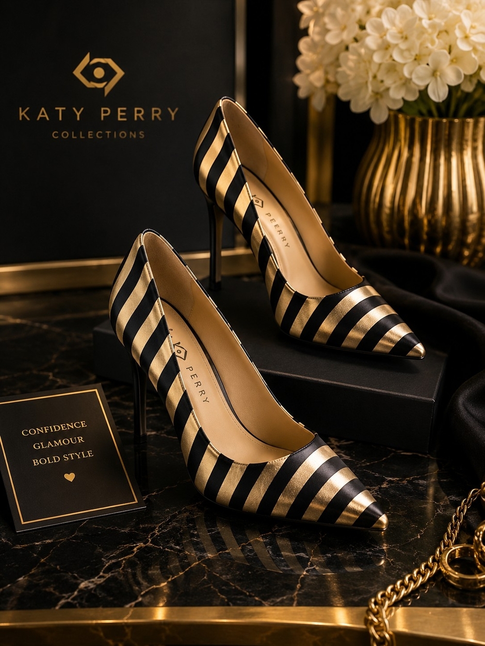 NEW- Katy Perry Collections Black & Gold Striped Pointed Toe Pumps